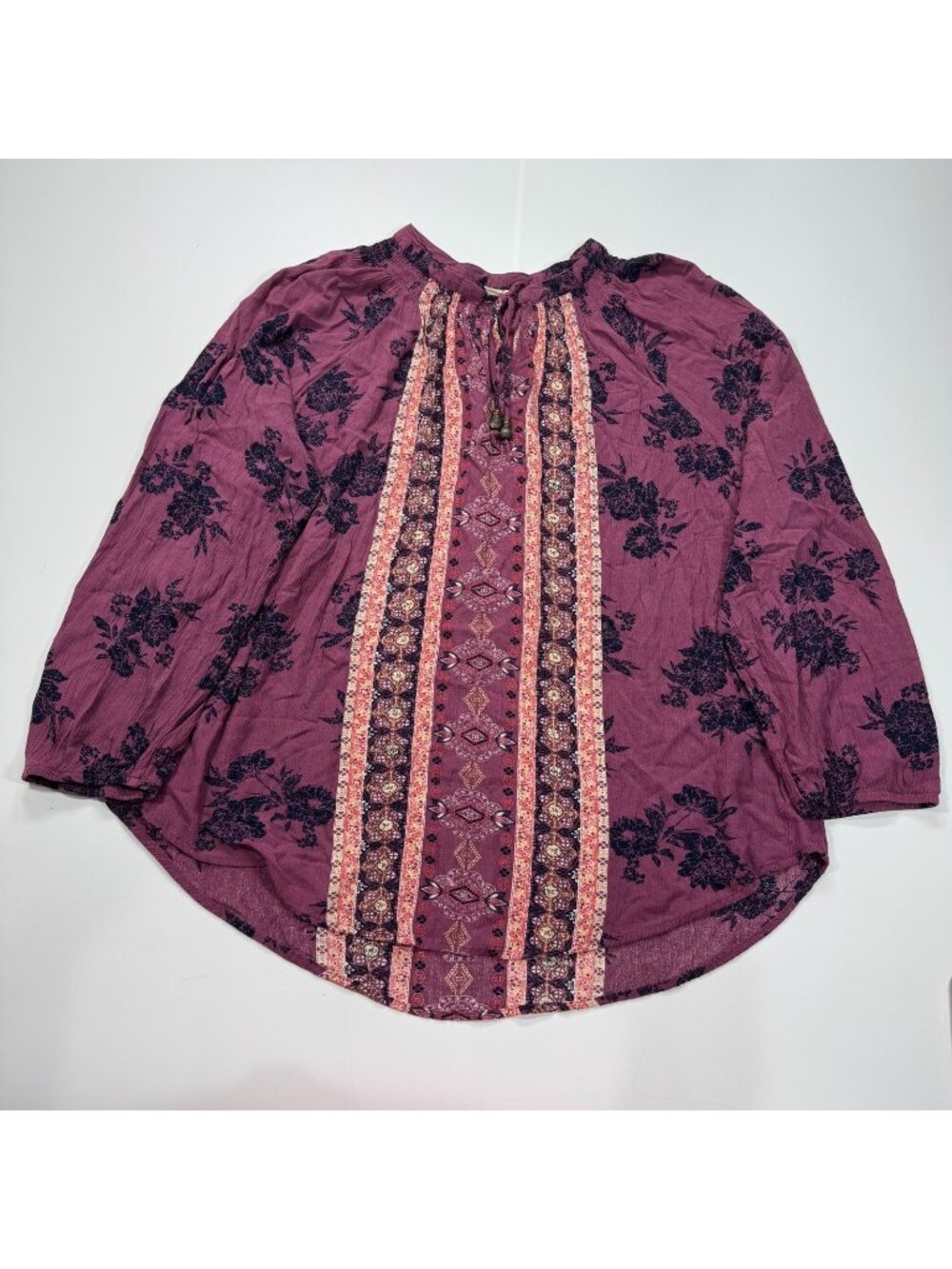 Mason & Belle Blouse Top Women's XXL Purple Rayon Floral Peasant Tasseled Boho